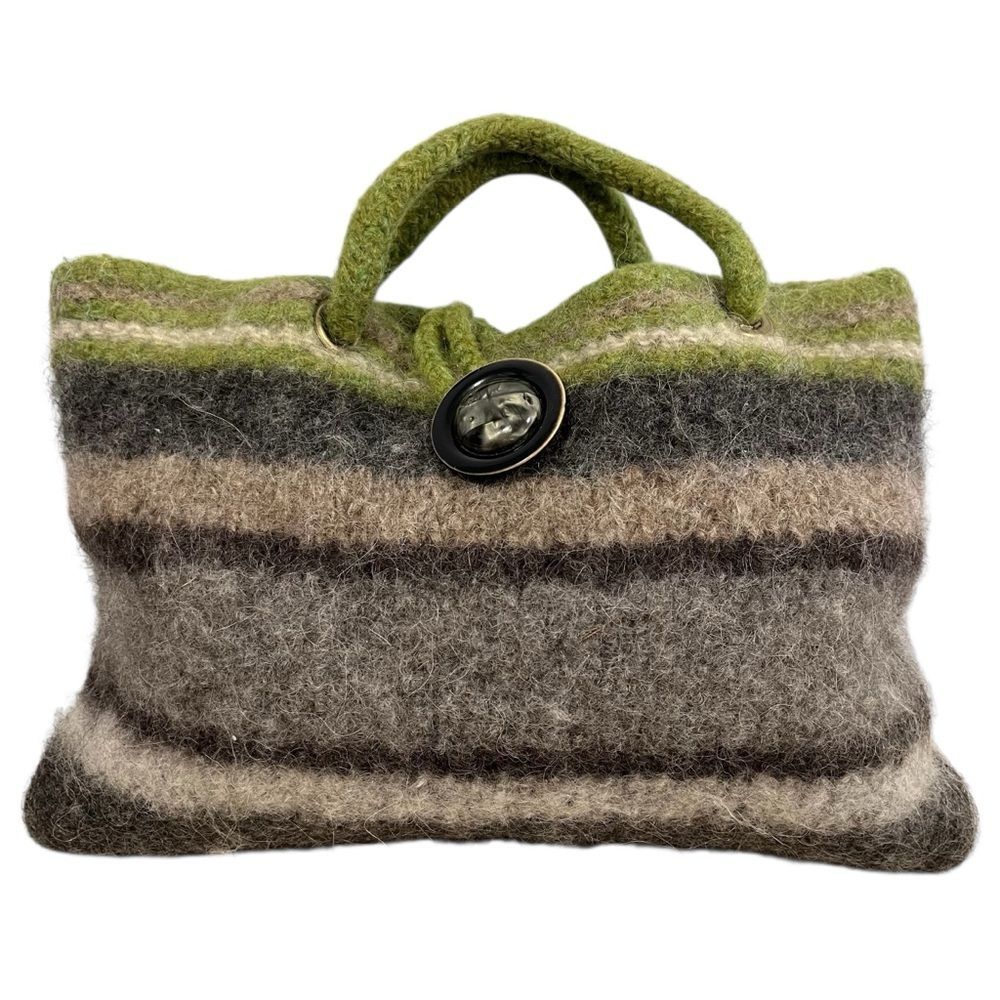 Green Striped Wool Bag Boho Furry Gray Brown Pouch Twee Felted Purse Handbag
